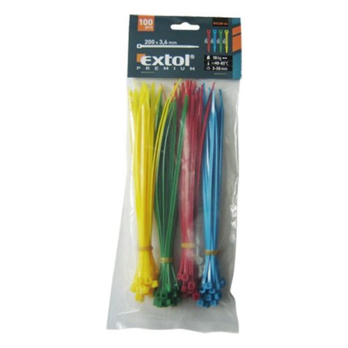 EXTOL PREMIUM kábelkötegelő 3,6×200mm 100db, 4 színű (piros, kék, sárga, zöld), nylon; (8856196)