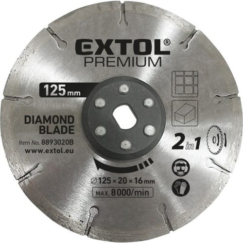 EXTOL PREMIUM gyémántvágó korong 125×20mm,  2az1ben Twin Blade rendszer, kőhöz és csempéhez, 8893020 vágógéphez (8893020B)