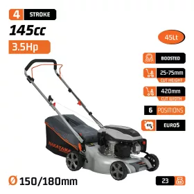   NAKAYAMA Benzinmotoros fűnyíró, 145 cm³, 42cm, 45L, 6 POZÍCIÓ 25-75 mm (PM4810)