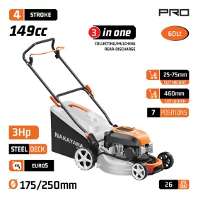   NAKAYAMA PRO Benzines fűnyíró 149 cm³, 46 cm vágásszélesség, 60 literes fűgyűjtővel (PM5460)