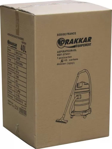 DRAKKAR száraz-nedves porszívó rozsdamentes tartállyal, 40 l, 230 V, 1200 W (07401)