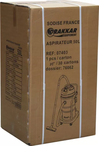 DRAKKAR száraz-nedves porszívó billenthető rozsdamentes tartállyal és gépcsatlakozóval, 50 l, 1200 W (07403)