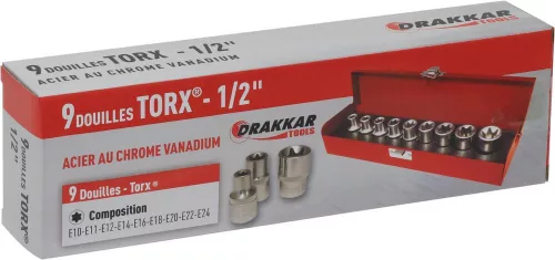 DRAKKAR Torx dugókulcskészlet, 1/2 col, E10–E24, 9 db (10759)