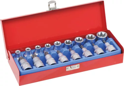 DRAKKAR Torx bitdugókulcskészlet, 1/2 col, T27–T70, E10–E24, 17 db (10772)
