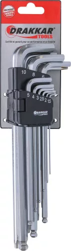 DRAKKAR extra hosszú imbusz- és Torx L-kulcskészlet, 1,5–10 mm/T10–T50, 18 db (68442)