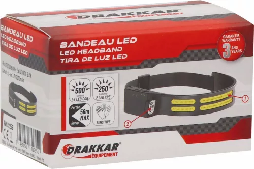 DRAKKAR Fejlámpa akkus LED fénysávval, 500/250 lm, kézmozdulatos kapcsolással, 2000 mAh, USB-C (82255)