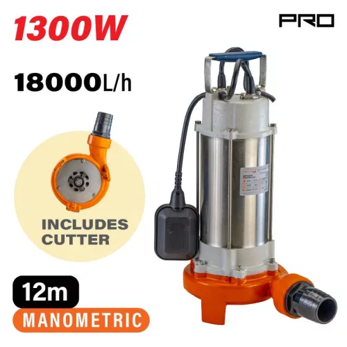 NAKAYAMA PRO Prémium Darálós merülő ( búvár )  szivattyú 1300W, 12 méter, 18000L/óra, szennyvízhez (SP1315)