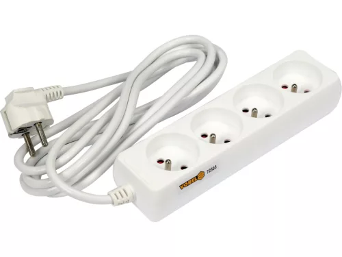 VOREL Elektromos hálózati elosztó, földelt hosszabbító 4 aljzattal, 3 méter, fehér (72505)