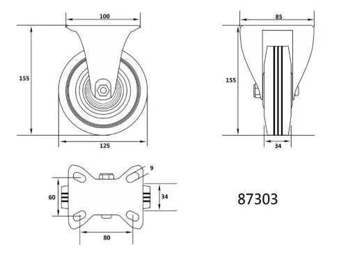 VOREL Ipari kerék fix 125mm 100kg (87303)