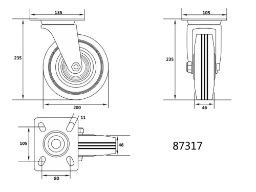 VOREL Ipari kerék forgós 200mm 150kg (87317)