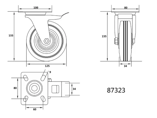 VOREL Ipari kerék forgós fékkel 125mm 100kg (87323)
