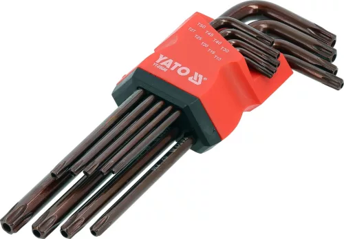 YATO Torx kulcs készlet furatos / biztonsági csavarokhoz, T10–T50, hosszú szárú, 9 részes, S2 acél (YT-05680)