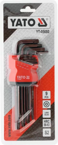 YATO Torx kulcs készlet furatos / biztonsági csavarokhoz, T10–T50, hosszú szárú, 9 részes, S2 acél (YT-05680)