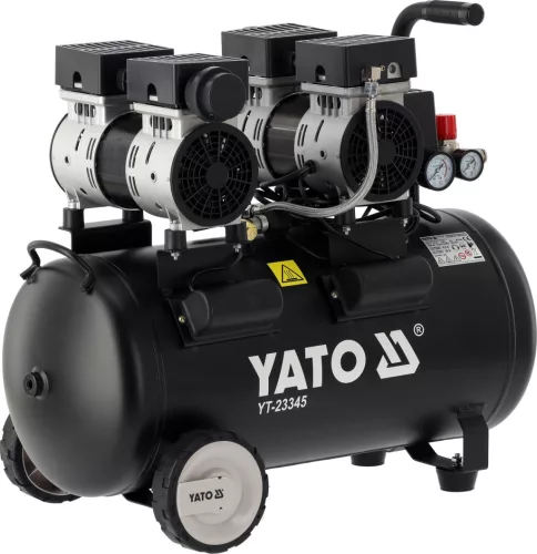 YATO Kompresszor 50 literes tartállyal, olajmentes csendes kivitel, 1,5 kW, 280 l/perc, 8 bar (YT-23345)