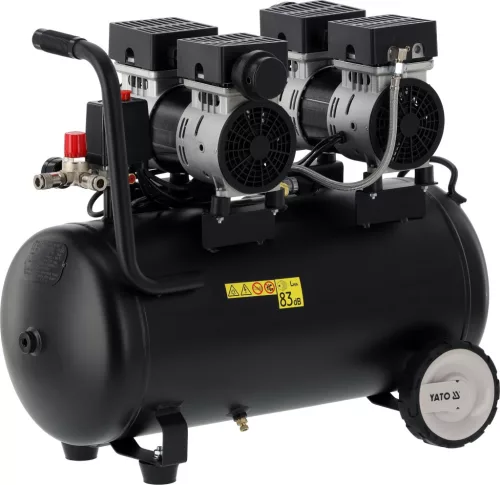 YATO Kompresszor 50 literes tartállyal, olajmentes csendes kivitel, 1,5 kW, 280 l/perc, 8 bar (YT-23345)