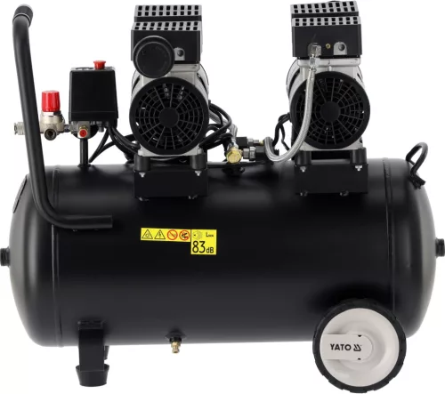YATO Kompresszor 50 literes tartállyal, olajmentes csendes kivitel, 1,5 kW, 280 l/perc, 8 bar (YT-23345)