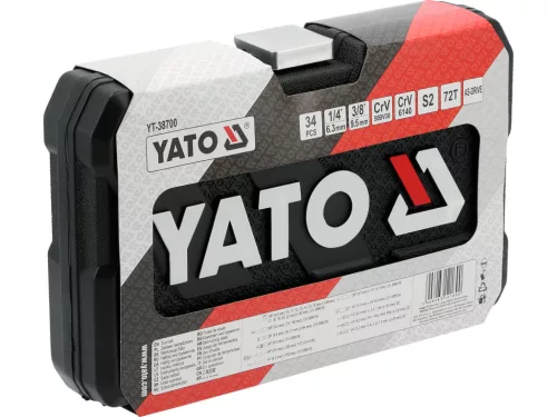 YATO Dugókulcs- és bitkészlet 1/4” és 3/8” csatlakozással, 34 részes, 72 fogas racsnival (YT-38700)