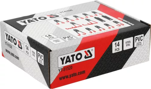 YATO Garázskampó készlet falra, 12 acél kampóval és 2 tépőzáras pánttal, PVC bevonattal, 14 részes (YT-51520)