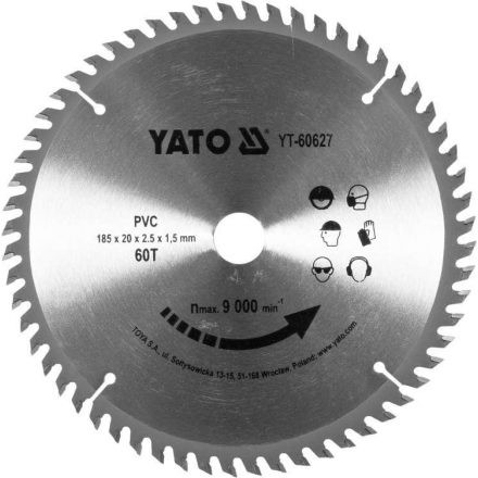 YATO Fűrésztárcsa PVC-hez 185 x 20 x 1,5 mm / 60T (YT-60627)
