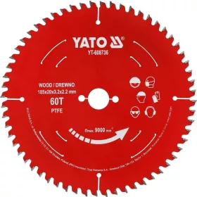   YATO PTFE-bevonatú keményfémlapkás körfűrészlap fához, 185 × 20 mm, 60 fog (YT-608736)