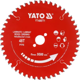   YATO PTFE-bevonatú keményfémlapkás körfűrészlap laminálthoz, 165 × 20 mm, 48 fog (YT-608771)