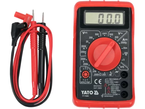 YATO Digitális multiméter 500 V, 5 A DC, 2 MΩ, tranzisztorteszt és folytonosságvizsgálat (YT-73080)