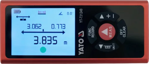 YATO Kétirányú lézeres távolságmérő 2 × 60 m, max. 120 m, színes TFT kijelzővel (YT-731249)