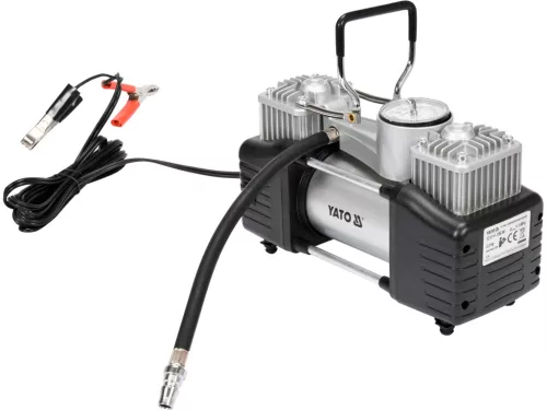 YATO Autós kompresszor 12 V, 250 W, 60 l/perc, 10 bar, két hengerrel, LED lámpával (YT-73462)