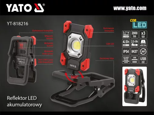 YATO Akkumulátoros LED munkalámpa szorítós rögzítéssel, 20 W, 2000 lm, 4400 mAh, powerbank funkcióval (YT-818216)
