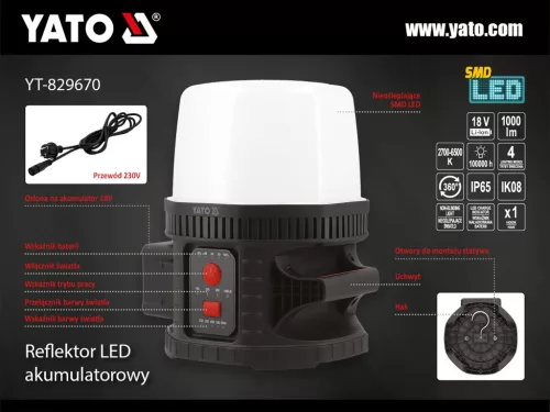 YATO Akkus LED munkalámpa 18 V, 10000 lm, 360° világítással – géptest  (YT-829670)