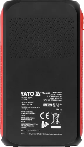 YATO Bikázó kompresszorral és powerbankkal, 12 V, 300 A / 600 A, 120 PSI, 12 Ah (YT-83086)